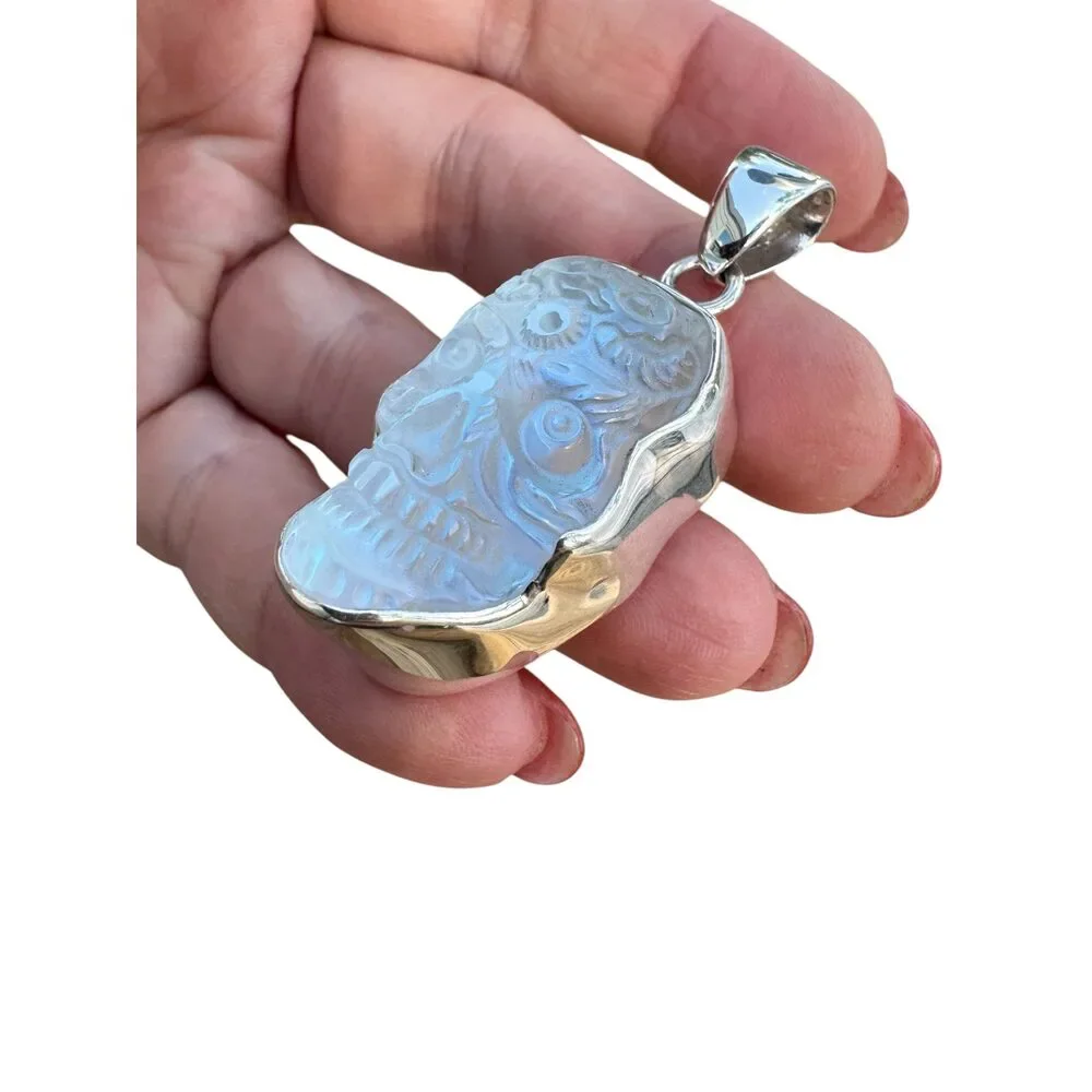 Sugar Skull Luminite Solid 925 Sterling Silver Pendant Handmade Taxco Mexico - Picture 5 of 8